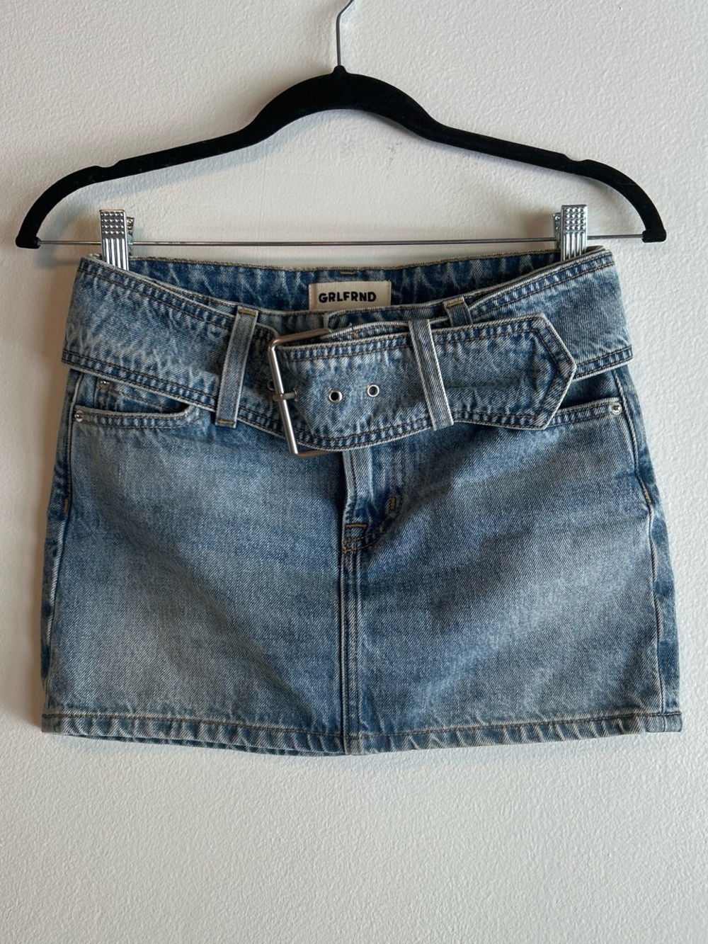 GRLFRND Laurie Denim Mini Skirt with Belted Waist